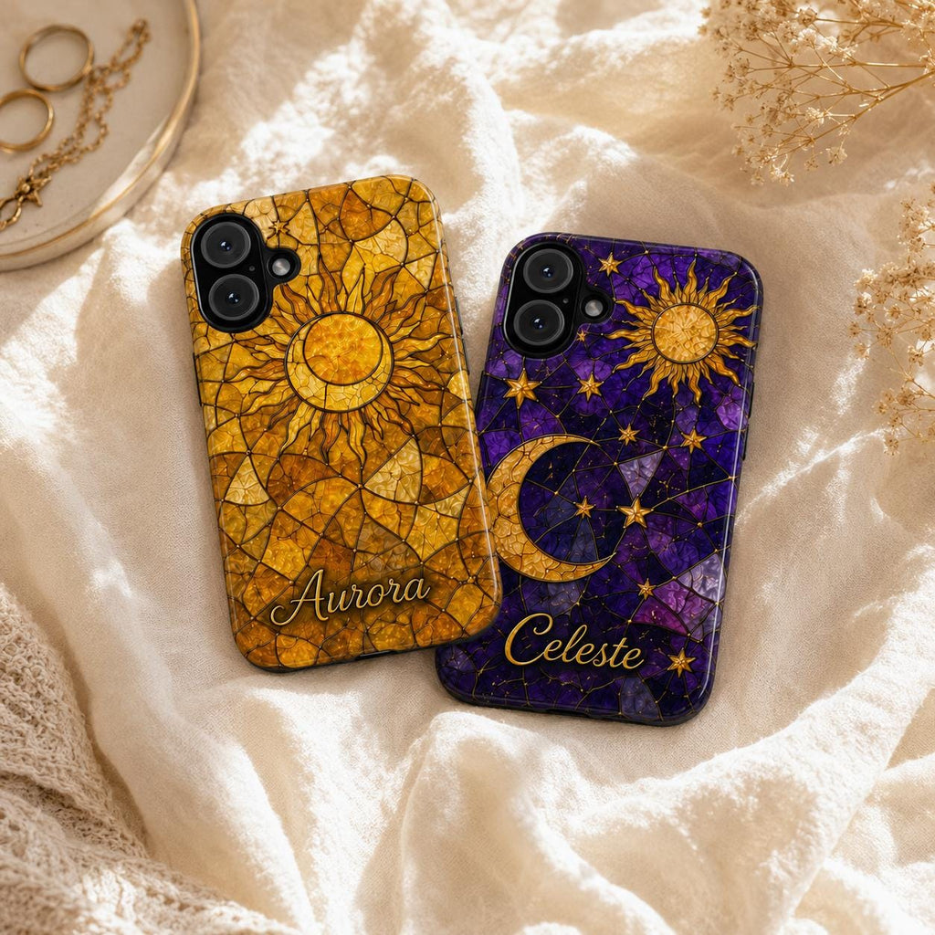 2D Custom Celestial Phone Case, Personalized Sun Moon Stained Glass Case, Gothic Astrology Phone Cover Gift For Her