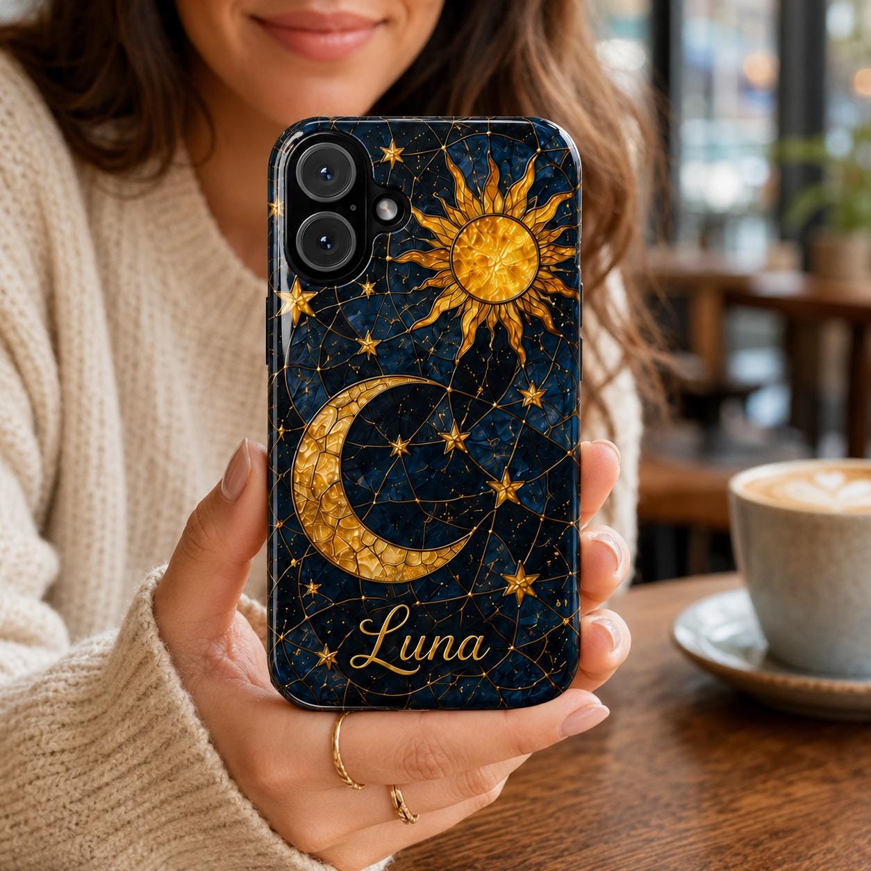 2D Custom Celestial Phone Case, Personalized Sun Moon Stained Glass Case, Gothic Astrology Phone Cover Gift For Her