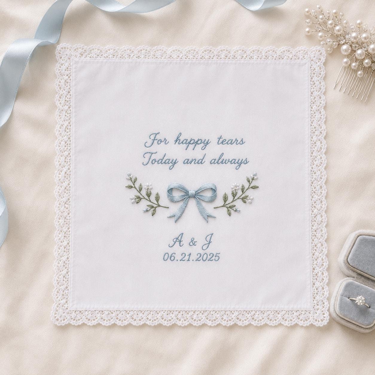 Custom Embroidered Wedding Handkerchief, Personalized Happy Tears Hanky, Bridal Bouquet Keepsake Gift For Bride Mom