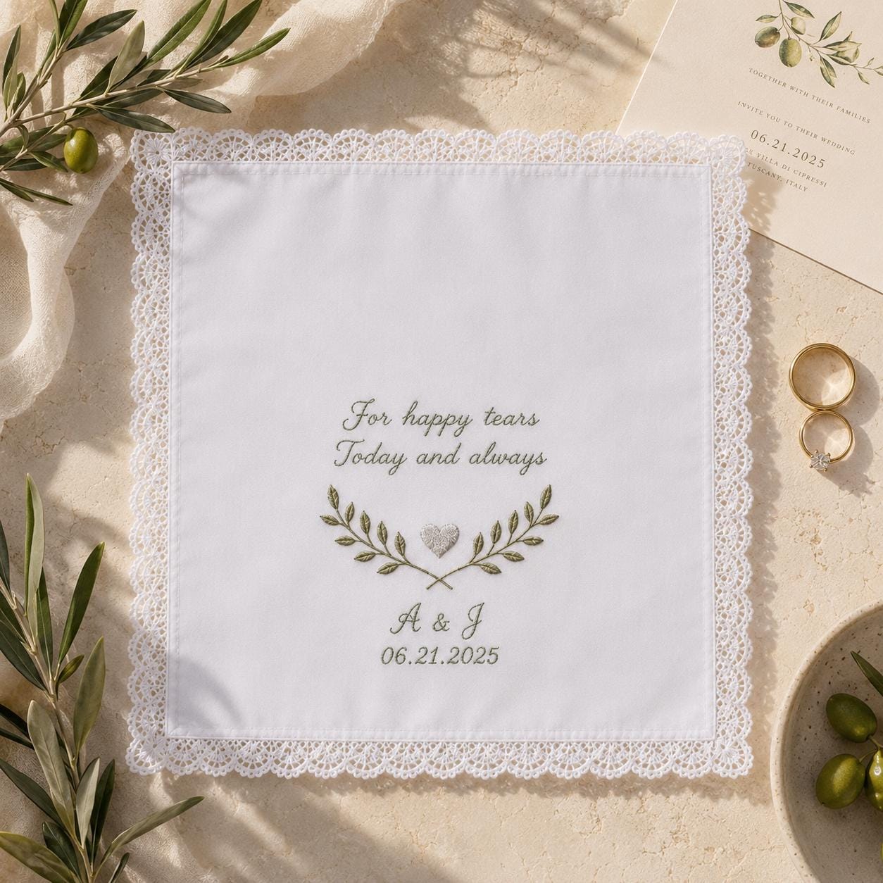 Custom Embroidered Wedding Handkerchief, Personalized Happy Tears Hanky, Bridal Bouquet Keepsake Gift For Bride Mom