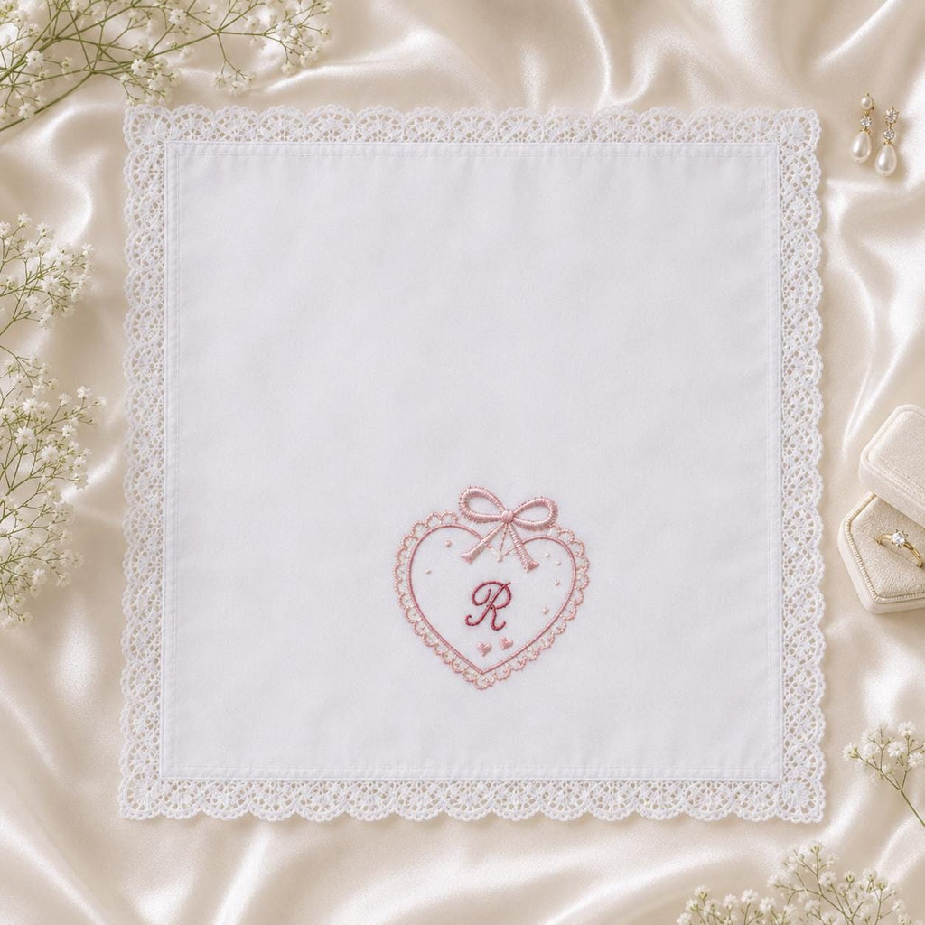 Custom Embroidered Handkerchief, Personalized Initial Heart Hanky, Romantic Floral Bow Wedding Keepsake Gift