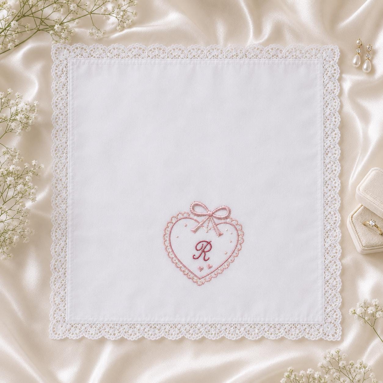 Custom Embroidered Handkerchief, Personalized Initial Heart Hanky, Romantic Floral Bow Wedding Keepsake Gift