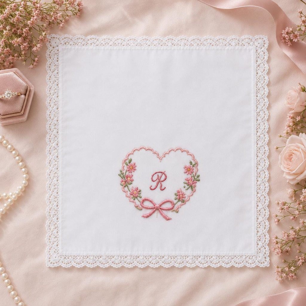 Custom Embroidered Handkerchief, Personalized Initial Heart Hanky, Romantic Floral Bow Wedding Keepsake Gift
