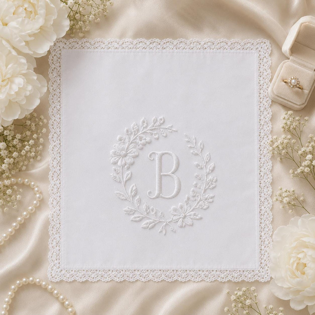 Custom White Embroidered Handkerchief, Personalized Monogram Wedding Hanky, Initial Lace Bridal Keepsake Gift