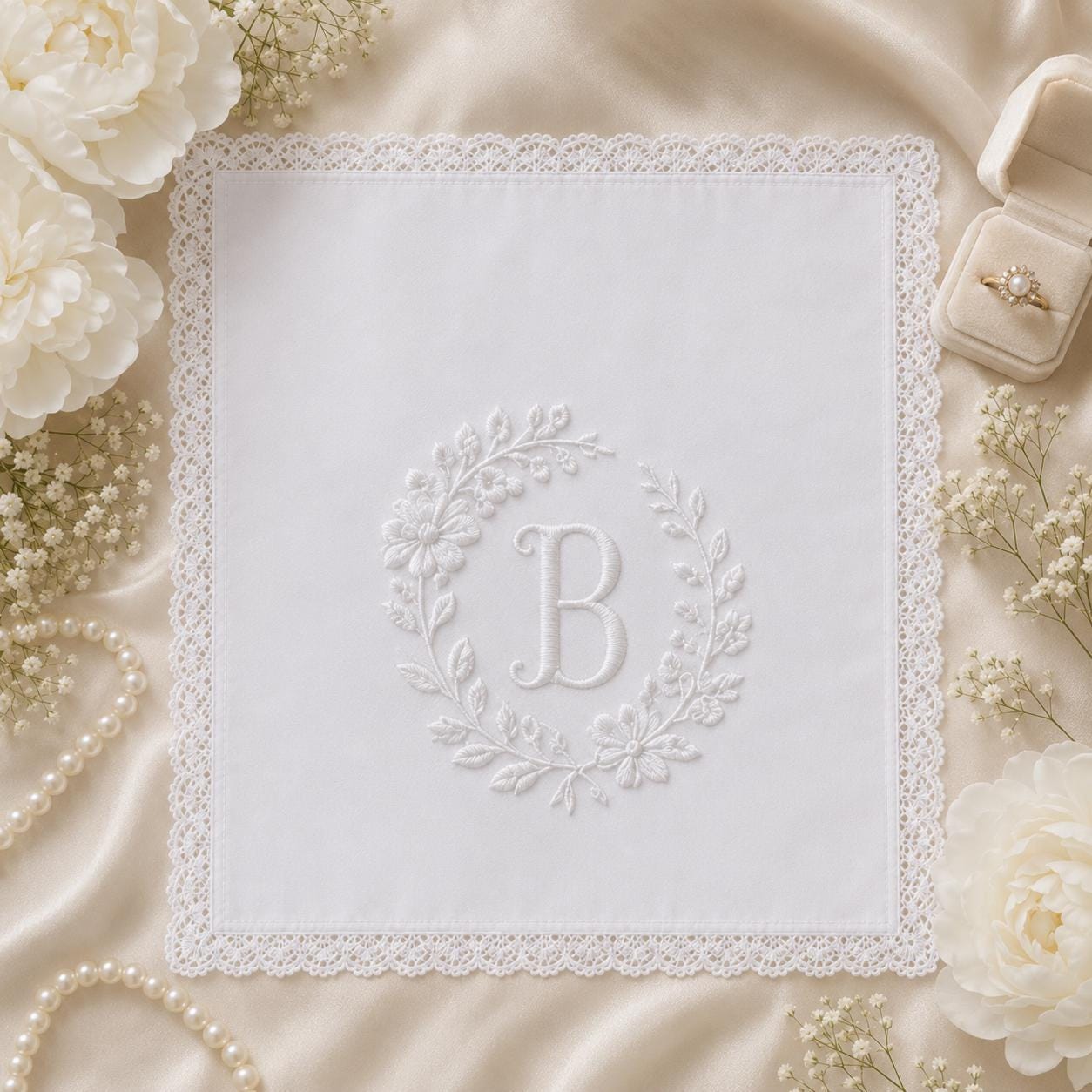 Custom White Embroidered Handkerchief, Personalized Monogram Wedding Hanky, Initial Lace Bridal Keepsake Gift