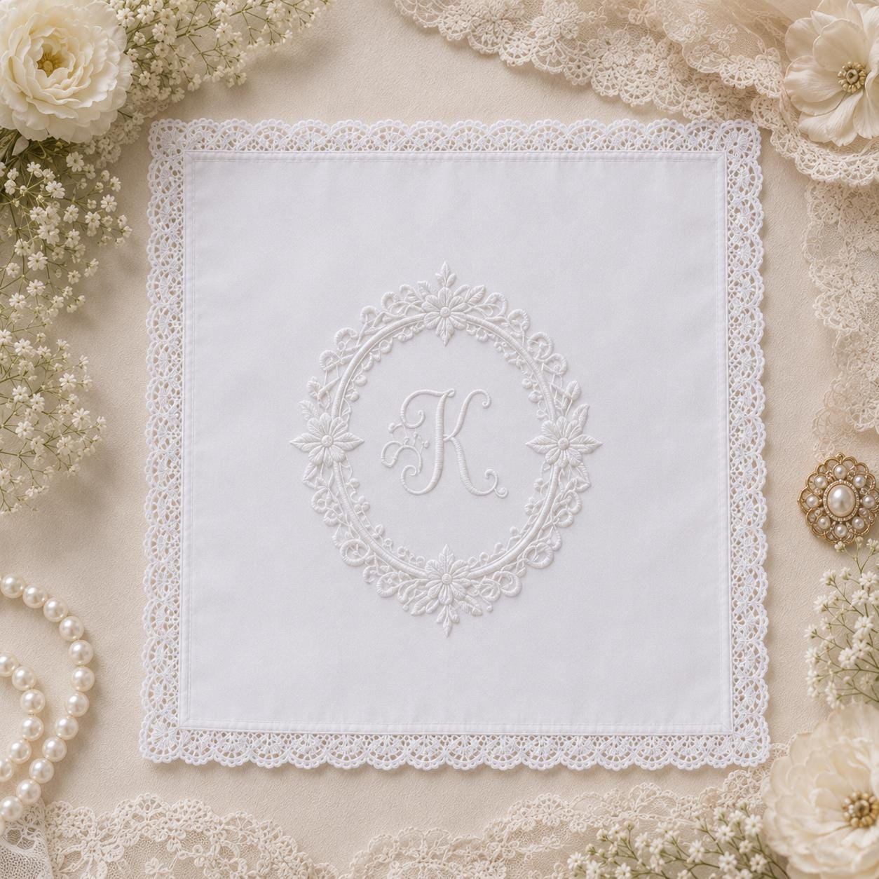 Custom White Embroidered Handkerchief, Personalized Monogram Wedding Hanky, Initial Lace Bridal Keepsake Gift