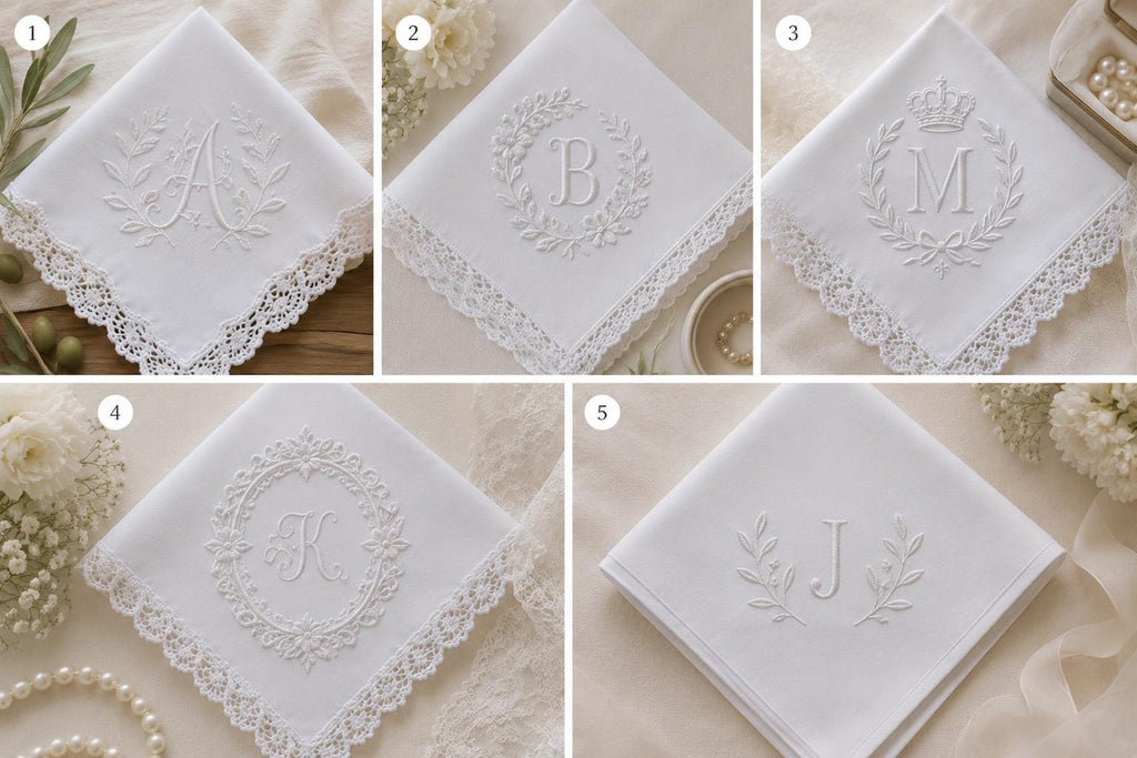 Custom White Embroidered Handkerchief, Personalized Monogram Wedding Hanky, Initial Lace Bridal Keepsake Gift