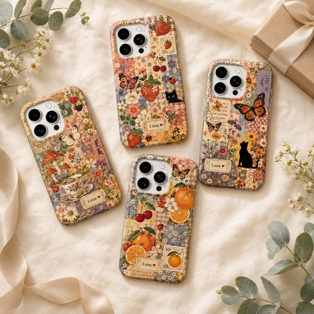 Custom Black Cat Phone Case, Personalized Cottagecore Cat Case, Vintage Floral Collage iPhone Cover, Cat Lover Gift