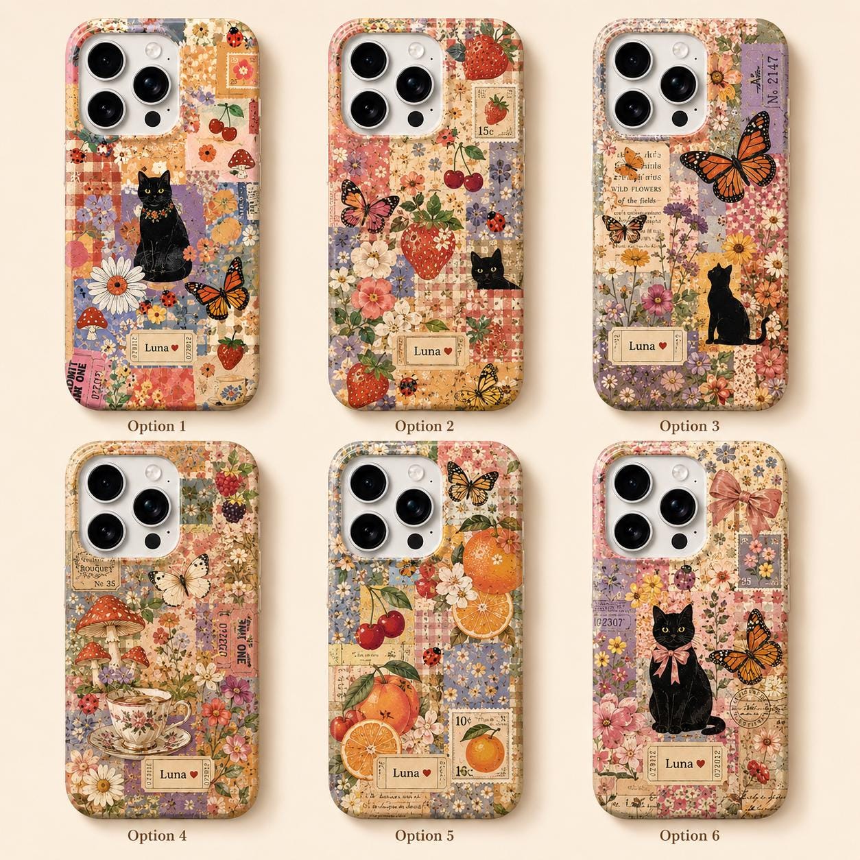 Custom Black Cat Phone Case, Personalized Cottagecore Cat Case, Vintage Floral Collage iPhone Cover, Cat Lover Gift