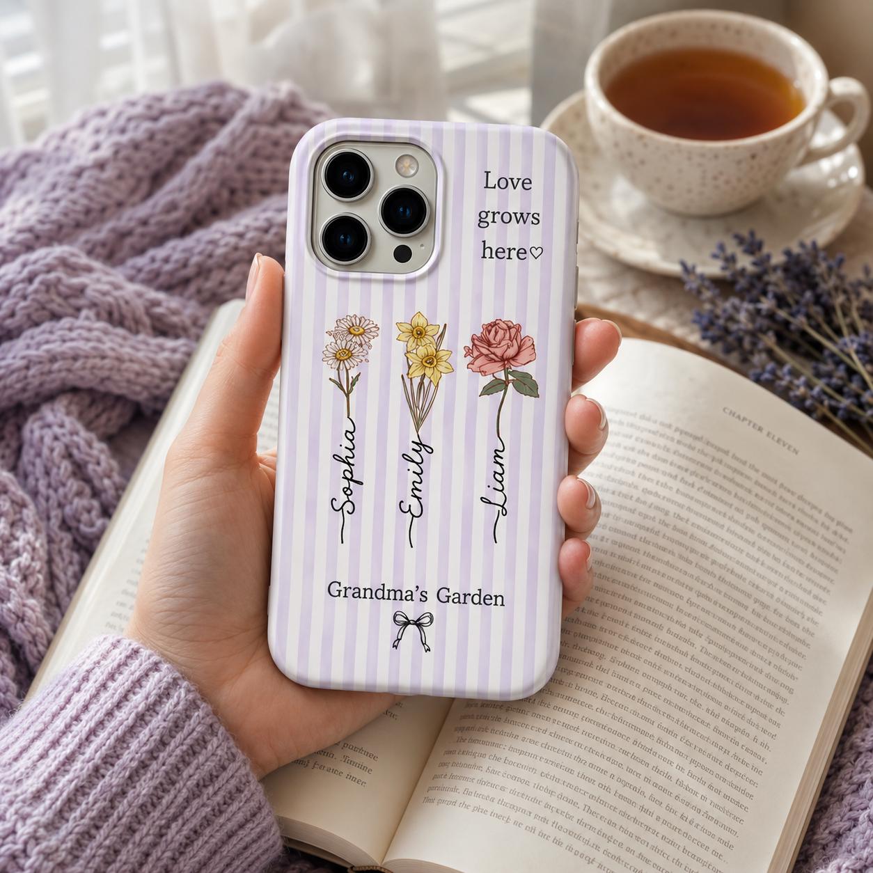 Custom Birth Flower Phone Case, Grandma’s Garden Personalized Name Case, Family Flower iPhone Cover, Gift for Mom Grandma