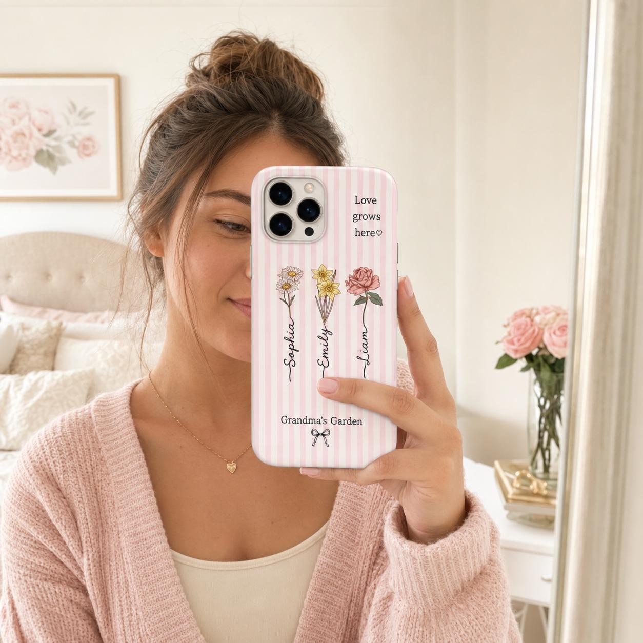 Custom Birth Flower Phone Case, Grandma’s Garden Personalized Name Case, Family Flower iPhone Cover, Gift for Mom Grandma
