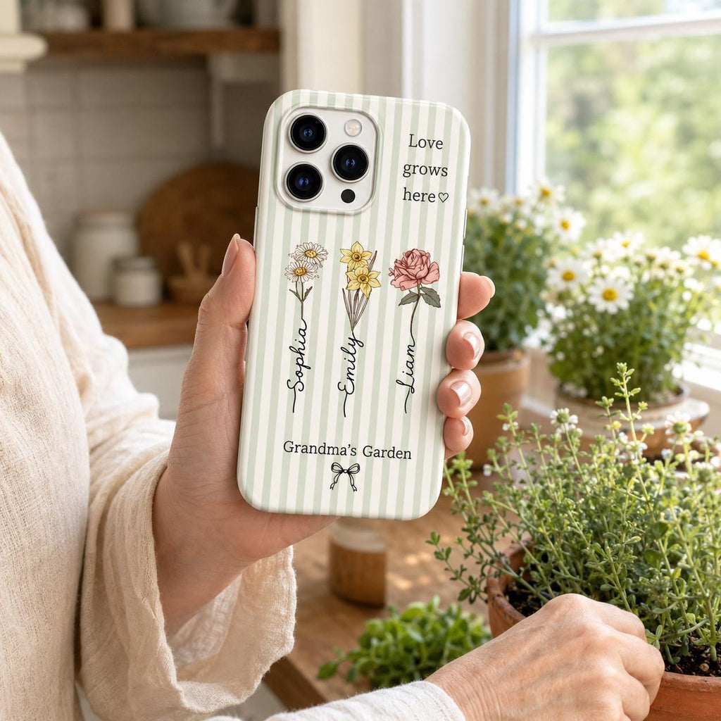 Custom Birth Flower Phone Case, Grandma’s Garden Personalized Name Case, Family Flower iPhone Cover, Gift for Mom Grandma