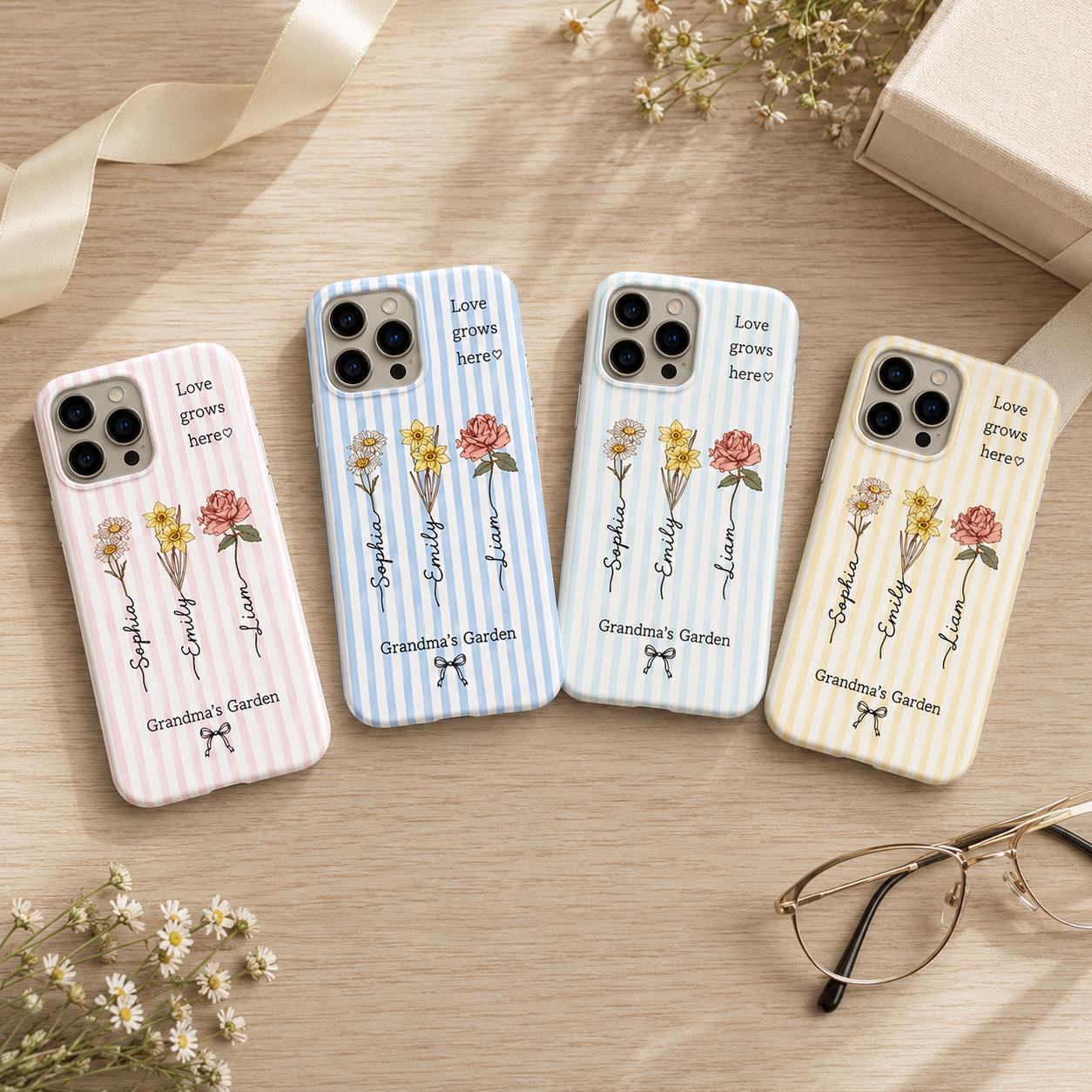 Custom Birth Flower Phone Case, Grandma’s Garden Personalized Name Case, Family Flower iPhone Cover, Gift for Mom Grandma