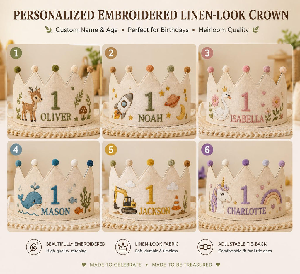 Personalized Embroidered Name Crown, Minimal Star Linen-Look Birthday Crown, Reusable Kids Party Hat, Baby Keepsake Gift