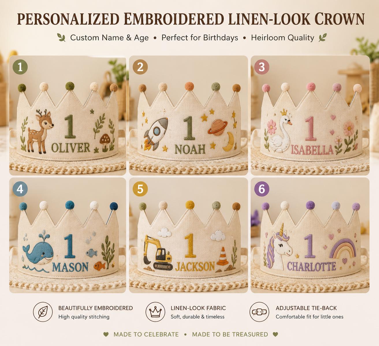 Personalized Embroidered Name Crown, Minimal Star Linen-Look Birthday Crown, Reusable Kids Party Hat, Baby Keepsake Gift