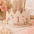 Personalized Embroidered Name Crown, Minimal Star Linen-Look Birthday Crown, Reusable Kids Party Hat, Baby Keepsake Gift