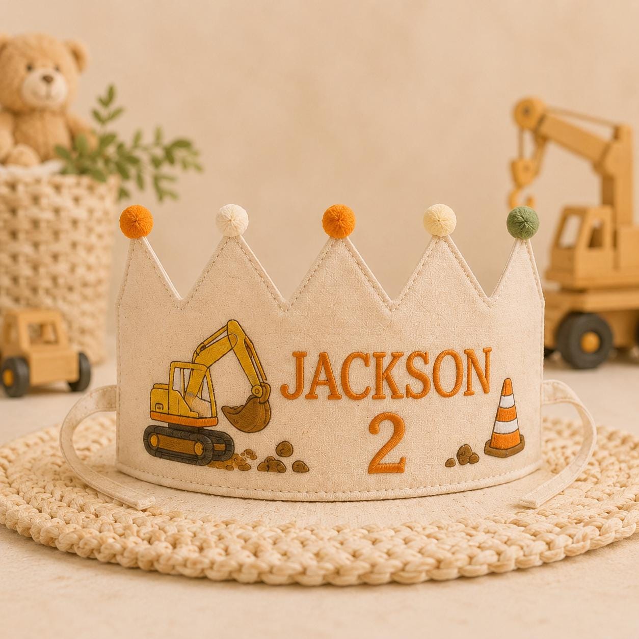 Personalized Little Fisherman Birthday Crown, Embroidered Linen-Look Fishing Crown, Custom Name First Birthday Hat