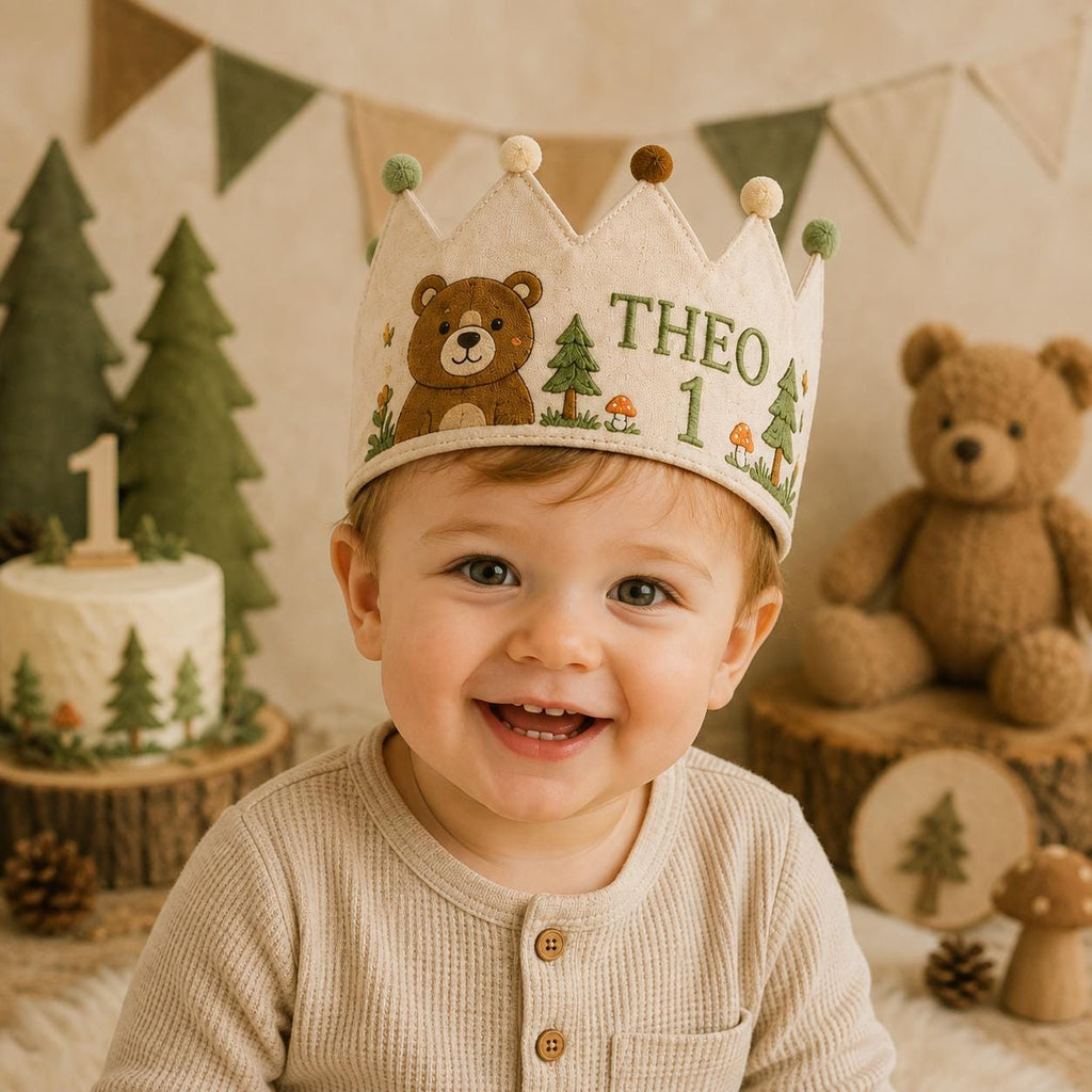 Personalized Little Fisherman Birthday Crown, Embroidered Linen-Look Fishing Crown, Custom Name First Birthday Hat