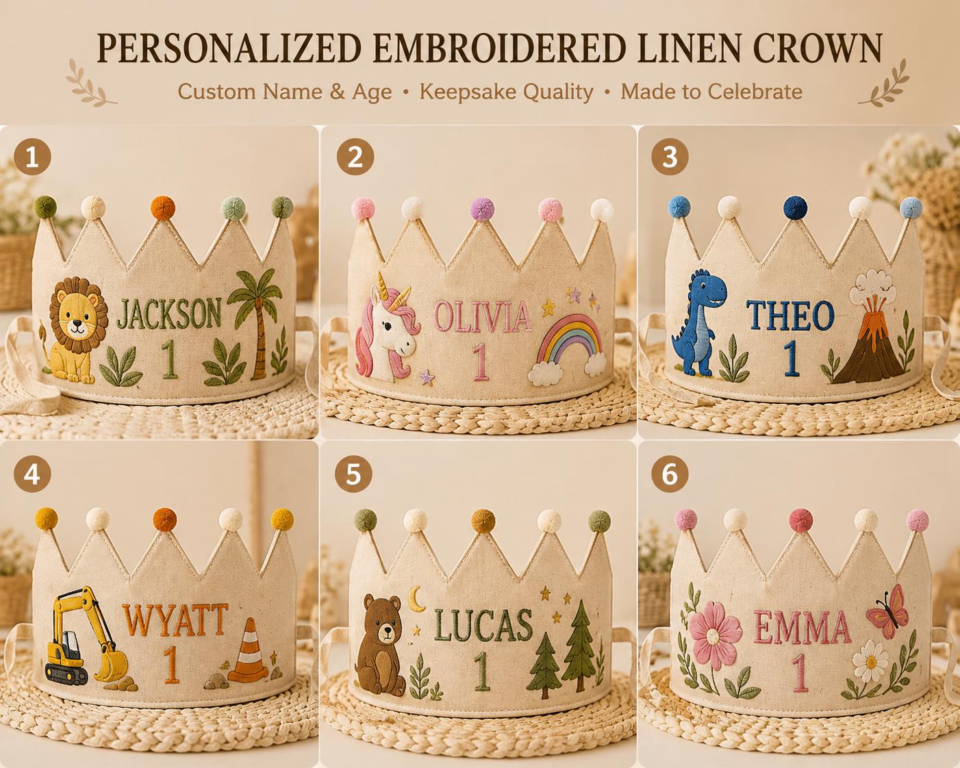 Personalized Little Fisherman Birthday Crown, Embroidered Linen-Look Crown, Custom Name First Birthday Hat