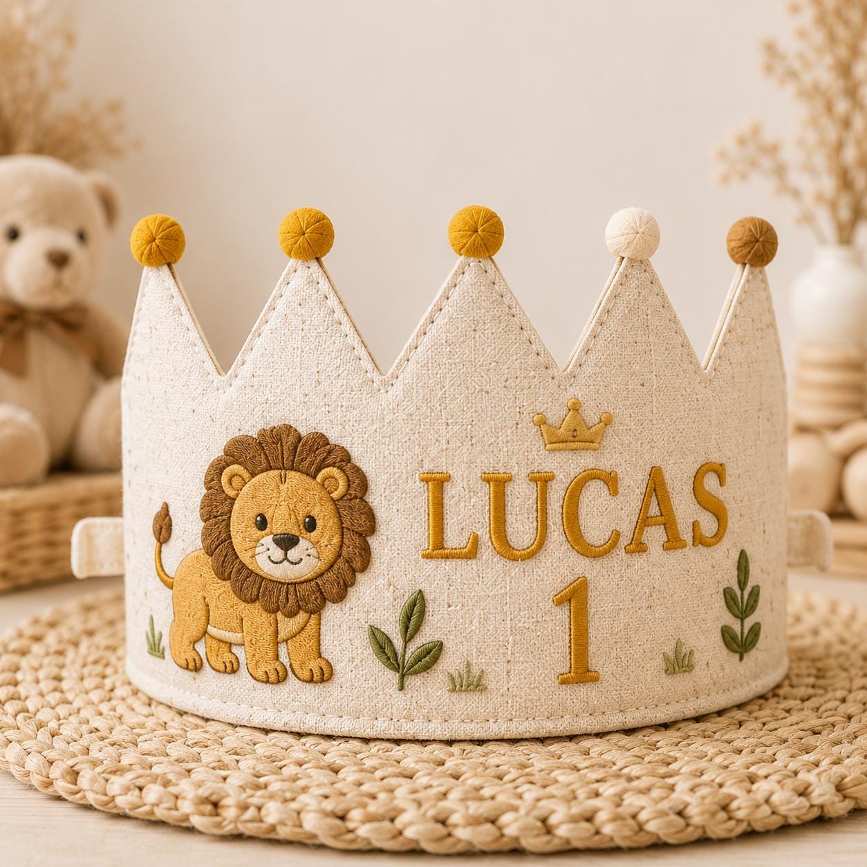 Personalized Little Artist Birthday Crown, Embroidered Linen-Look Crown, Custom Name First Birthday Hat