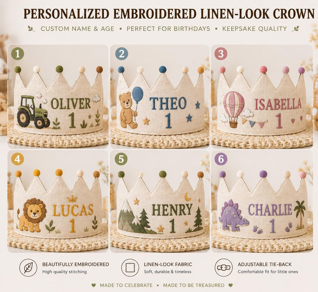 Personalized Little Artist Birthday Crown, Embroidered Linen-Look Crown, Custom Name First Birthday Hat