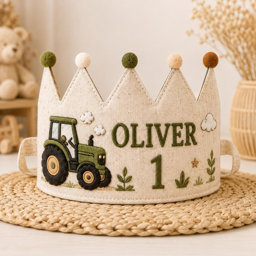 Personalized Little Artist Birthday Crown, Embroidered Linen-Look Crown, Custom Name First Birthday Hat