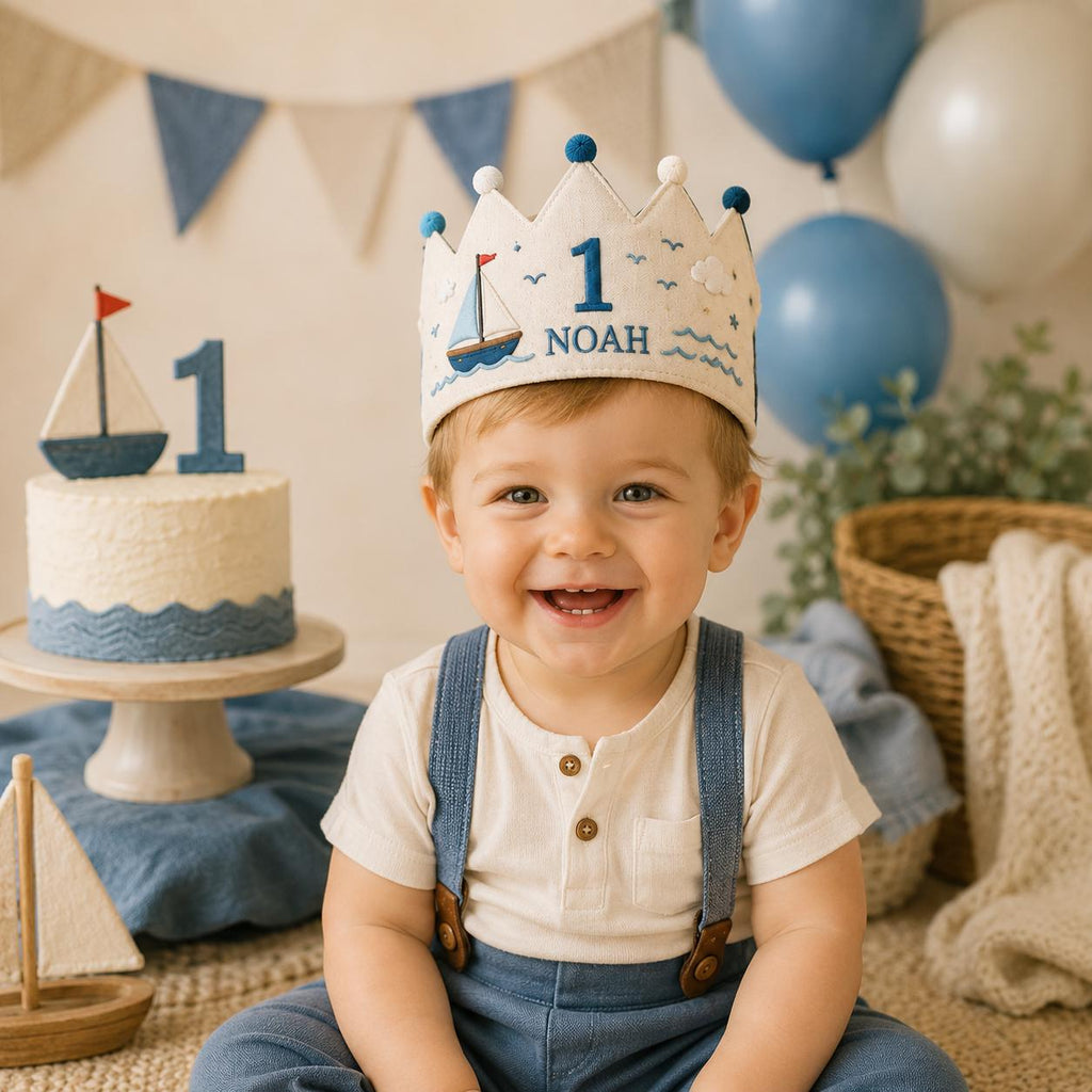Personalized Little Fisherman Birthday Crown, Embroidered Fishing Crown, Custom Name First Birthday Hat