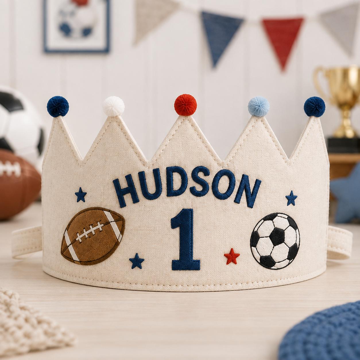 Personalized Boys Birthday Crown, Embroidered Linen-Look Name Crown, Custom First Birthday Party Hat, Baby Keepsake