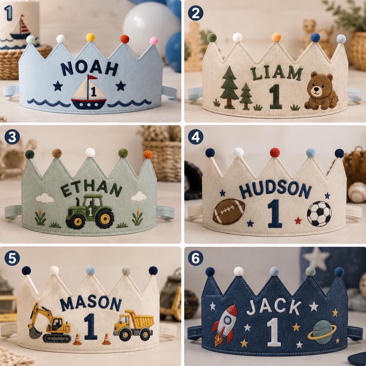 Personalized Boys Birthday Crown, Embroidered Linen-Look Name Crown, Custom First Birthday Party Hat, Baby Keepsake