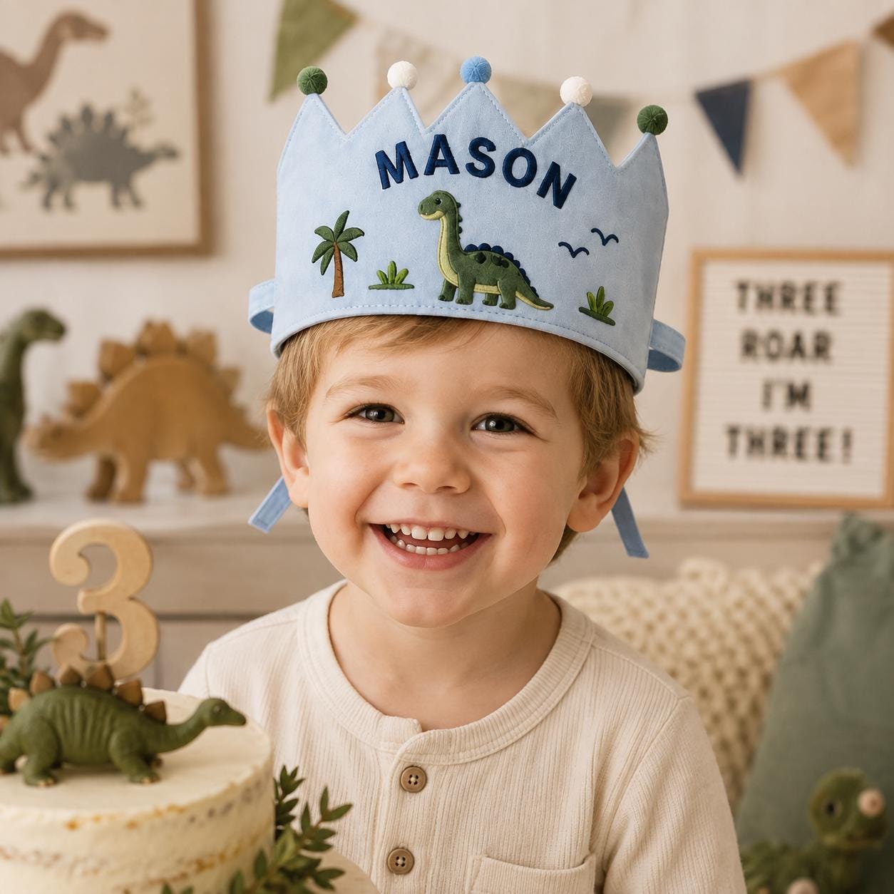 Personalized Boys Birthday Crown, Embroidered Linen-Look Name Crown, Custom First Birthday Party Hat, Baby Keepsake