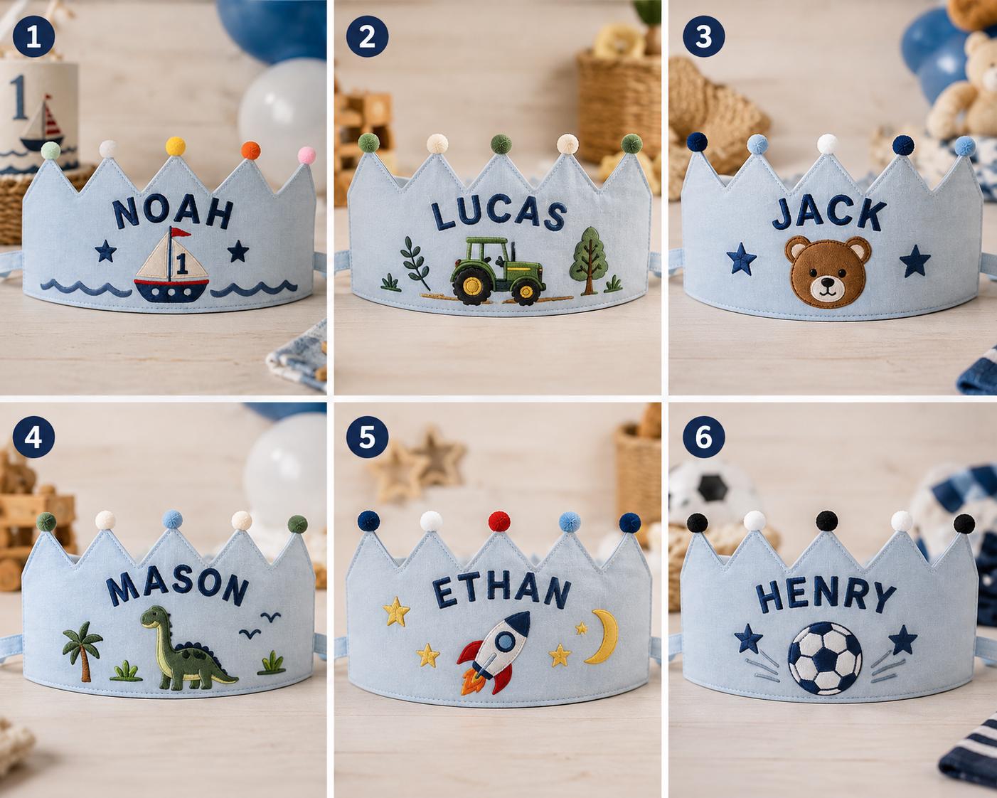Personalized Boys Birthday Crown, Embroidered Linen-Look Name Crown, Custom First Birthday Party Hat, Baby Keepsake