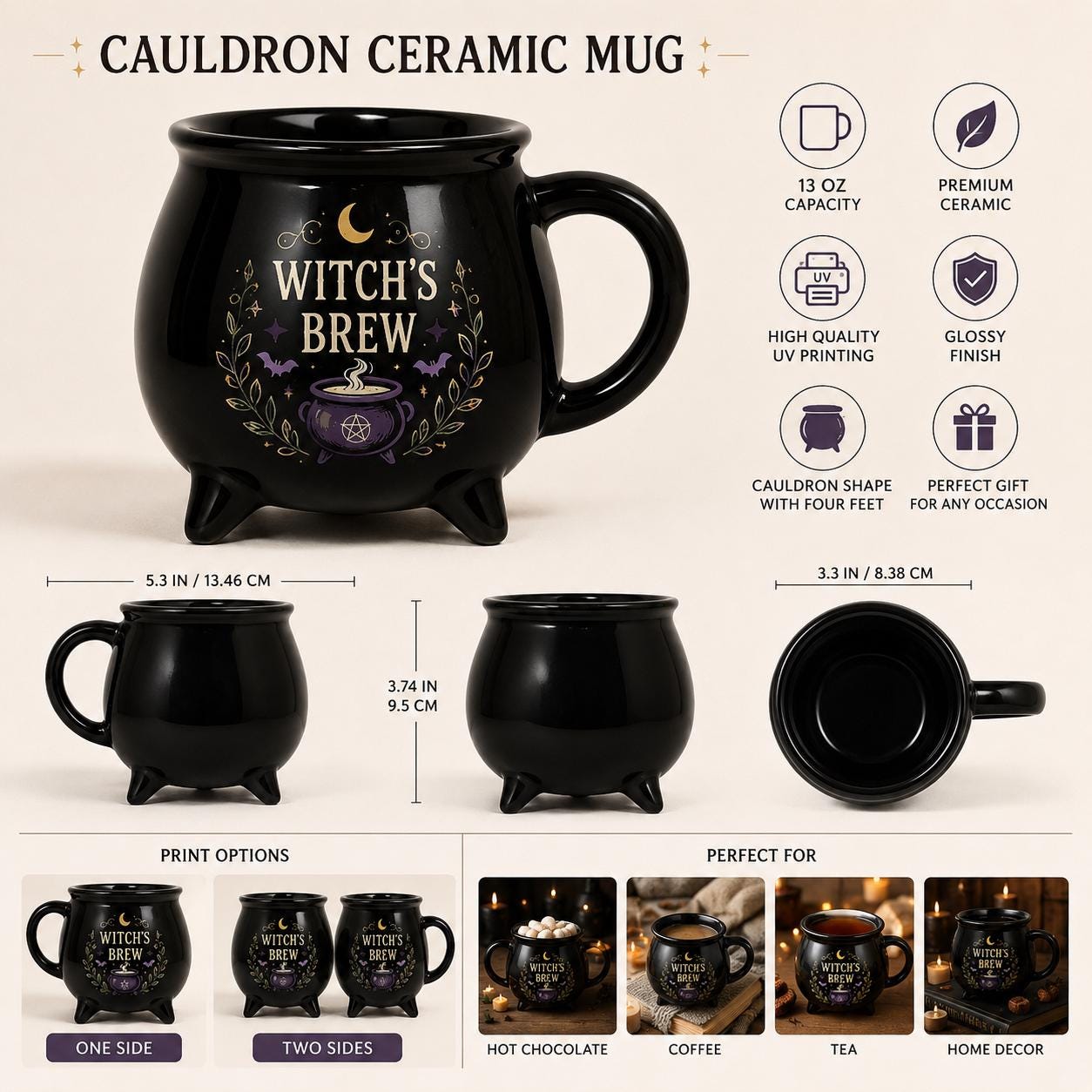 Personalized Pet Cauldron Mug, Custom Witch Familiar Cat or Dog Portrait, Halloween Ceramic Mug, Gothic Pet Lover Gift