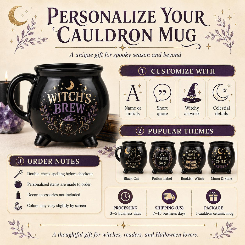 Personalized Cauldron Mug, Custom Daily Magic Witch Mug, Halloween Ceramic Coffee Cup, Gothic Book Lover Teacher Mom Gift