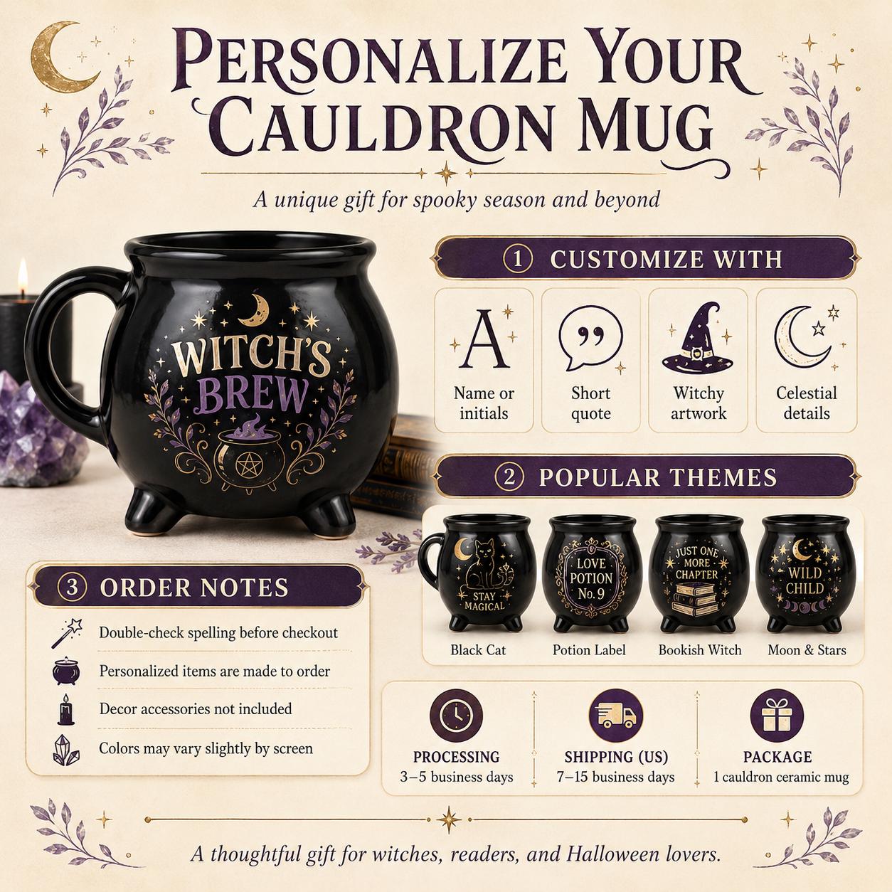 Personalized Cauldron Mug, Custom Daily Magic Witch Mug, Halloween Ceramic Coffee Cup, Gothic Book Lover Teacher Mom Gift