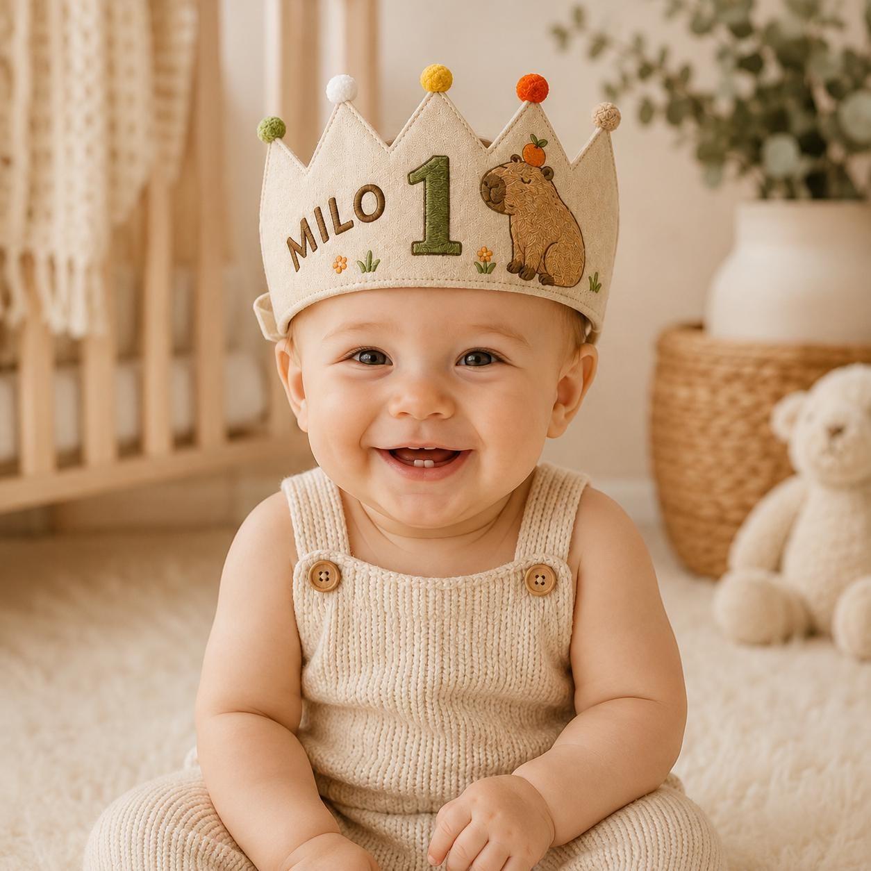 Personalized Capybara Birthday Crown, Embroidered Linen-Look Crown, Custom Name First Birthday Hat, Baby Keepsake
