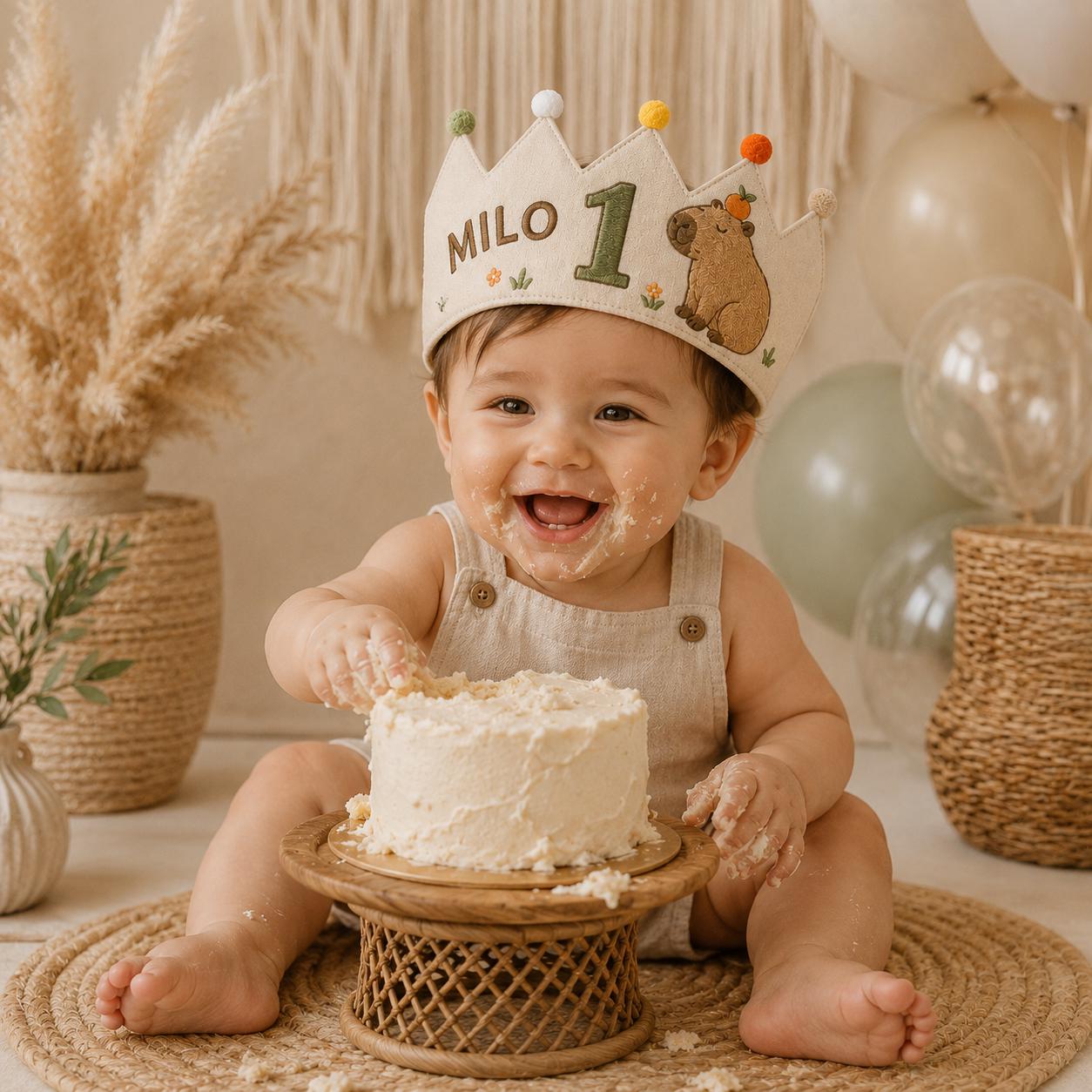 Personalized Capybara Birthday Crown, Embroidered Linen-Look Crown, Custom Name First Birthday Hat, Baby Keepsake