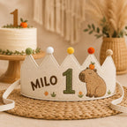 Personalized Capybara Birthday Crown, Embroidered Linen-Look Crown, Custom Name First Birthday Hat, Baby Keepsake