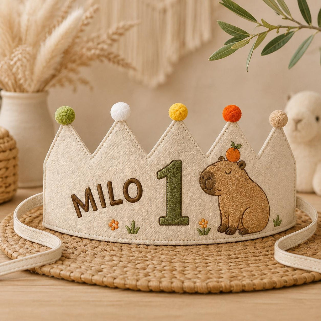Personalized Capybara Birthday Crown, Embroidered Linen-Look Crown, Custom Name First Birthday Hat, Baby Keepsake