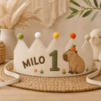 Personalized Capybara Birthday Crown, Embroidered Linen-Look Crown, Custom Name First Birthday Hat, Baby Keepsake