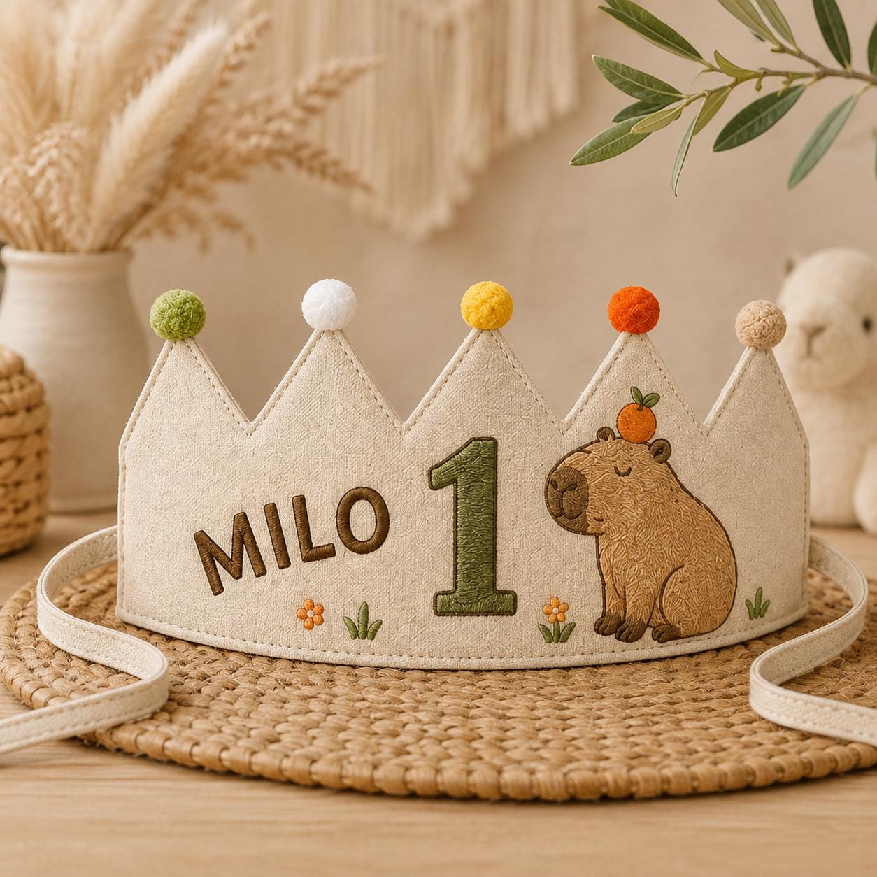 Personalized Capybara Birthday Crown, Embroidered Linen-Look Crown, Custom Name First Birthday Hat, Baby Keepsake