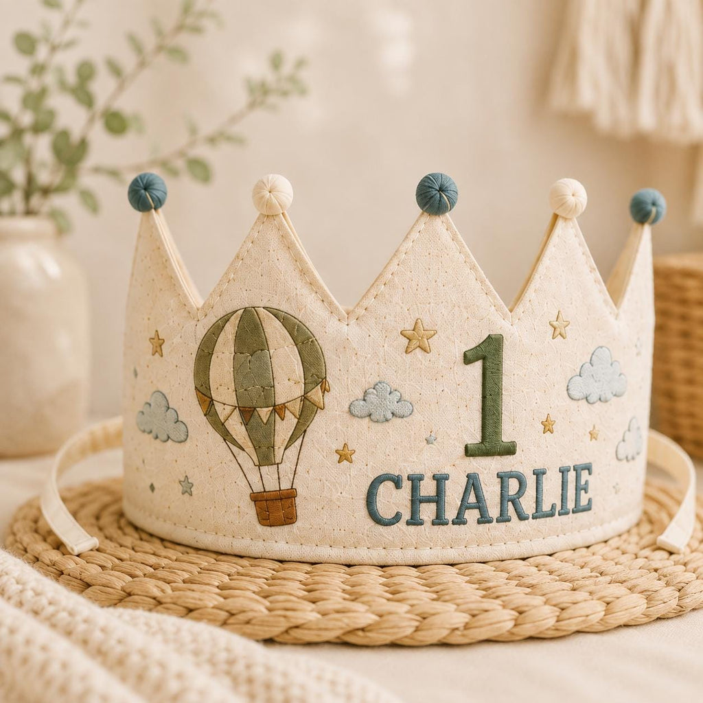 Personalized Hot Air Balloon Birthday Crown, Embroidered Linen-Look Adventure Crown, Custom Name First Birthday Hat, Baby Keepsake