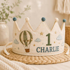 Personalized Hot Air Balloon Birthday Crown, Embroidered Linen-Look Adventure Crown, Custom Name First Birthday Hat, Baby Keepsake