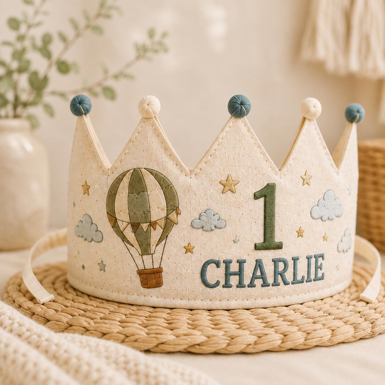 Personalized Hot Air Balloon Birthday Crown, Embroidered Linen-Look Adventure Crown, Custom Name First Birthday Hat, Baby Keepsake