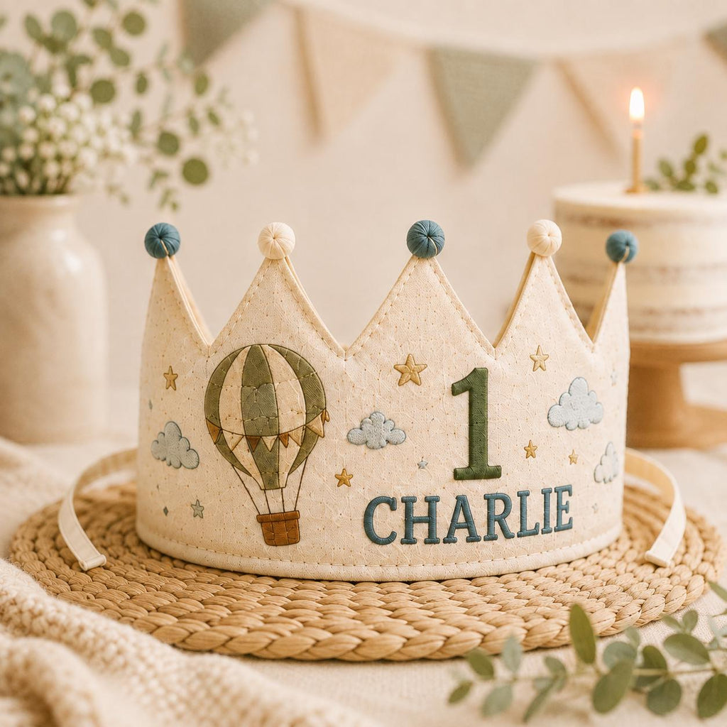 Personalized Hot Air Balloon Birthday Crown, Embroidered Linen-Look Adventure Crown, Custom Name First Birthday Hat, Baby Keepsake