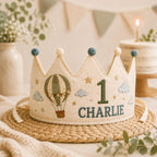 Personalized Hot Air Balloon Birthday Crown, Embroidered Linen-Look Adventure Crown, Custom Name First Birthday Hat, Baby Keepsake