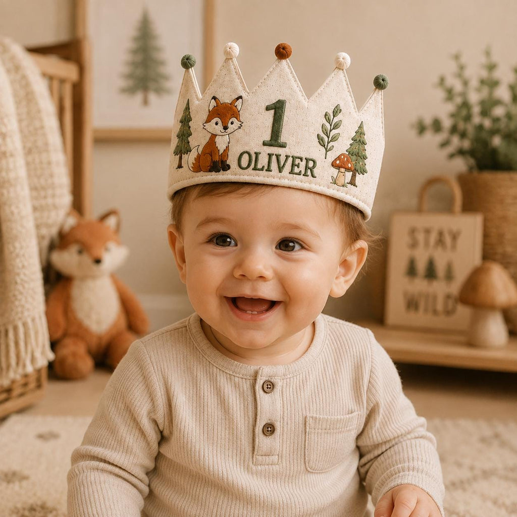 Personalized Woodland Explorer Birthday Crown, Embroidered Linen-Look Animal Crown, Custom Name First Birthday Hat, Baby Keepsake