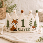 Personalized Woodland Explorer Birthday Crown, Embroidered Linen-Look Animal Crown, Custom Name First Birthday Hat, Baby Keepsake