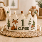 Personalized Woodland Explorer Birthday Crown, Embroidered Linen-Look Animal Crown, Custom Name First Birthday Hat, Baby Keepsake
