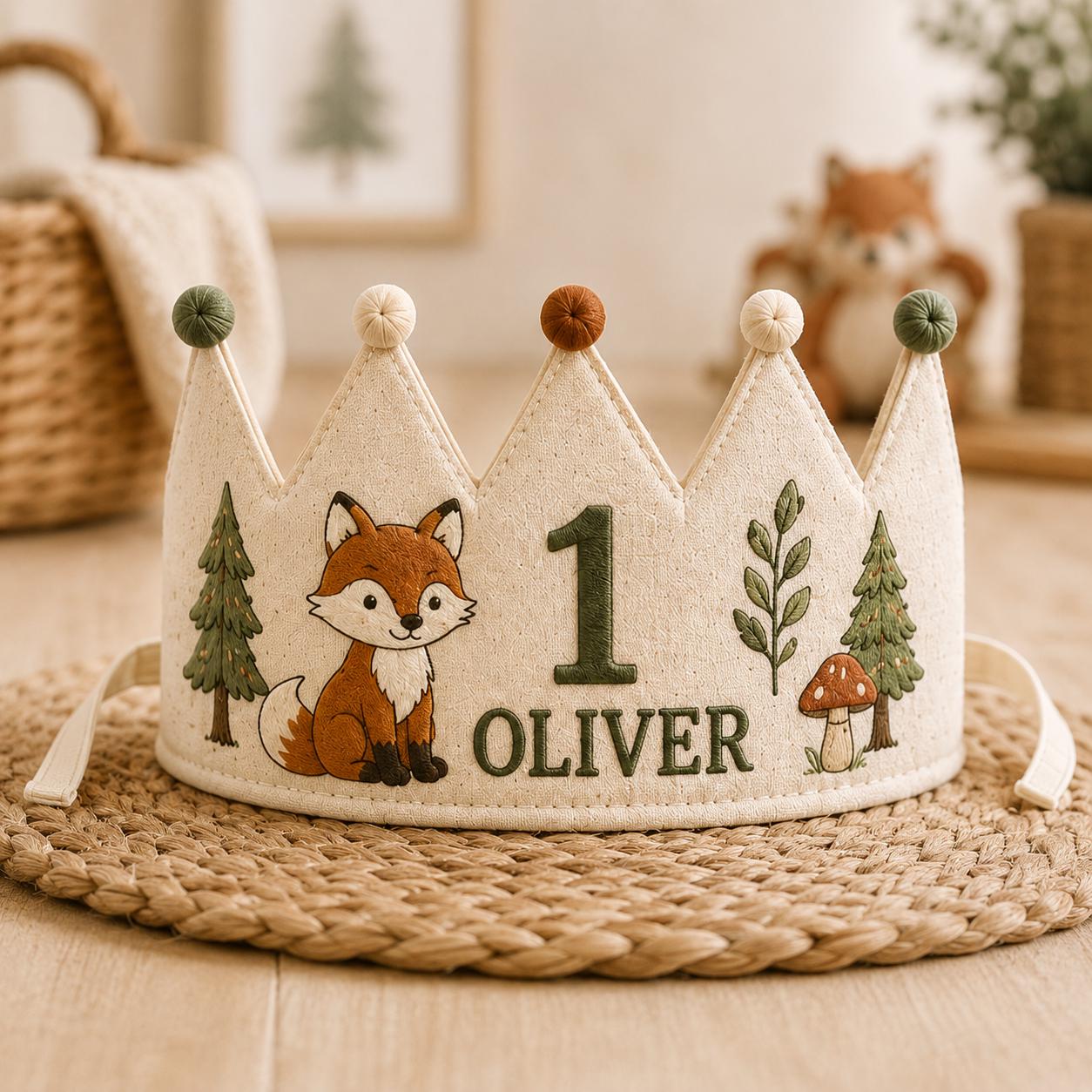 Personalized Woodland Explorer Birthday Crown, Embroidered Linen-Look Animal Crown, Custom Name First Birthday Hat, Baby Keepsake