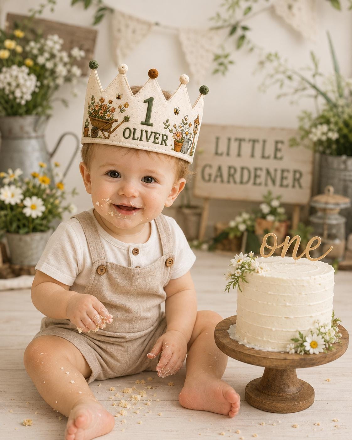 Personalized Little Gardener Birthday Crown, Embroidered Linen-Look Garden Crown, Custom Name First Birthday Hat, Baby Keepsake